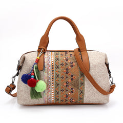 Embroidered Designer Barrel Canvas Beige Travel Bag