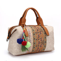 Embroidered Designer Barrel Canvas Beige Travel Bag