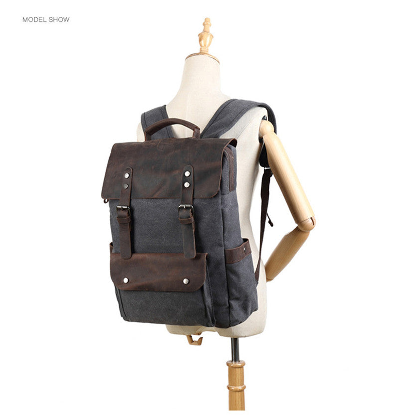 Waterproof Canvas Vintage College Rucksack in Canvas and Real Leather